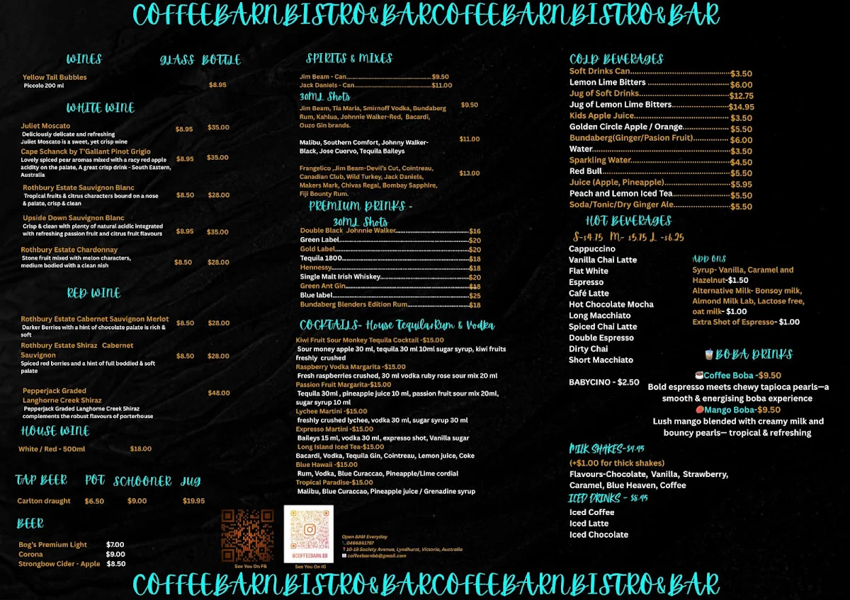 Menu, Coffee Barn Bistro & Bar