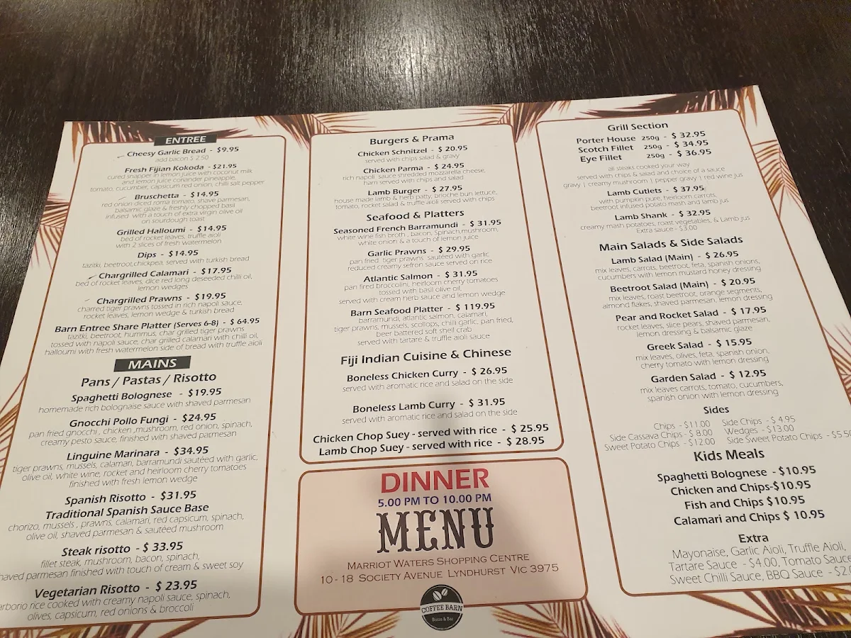 Menu, Coffee Barn Bistro & Bar