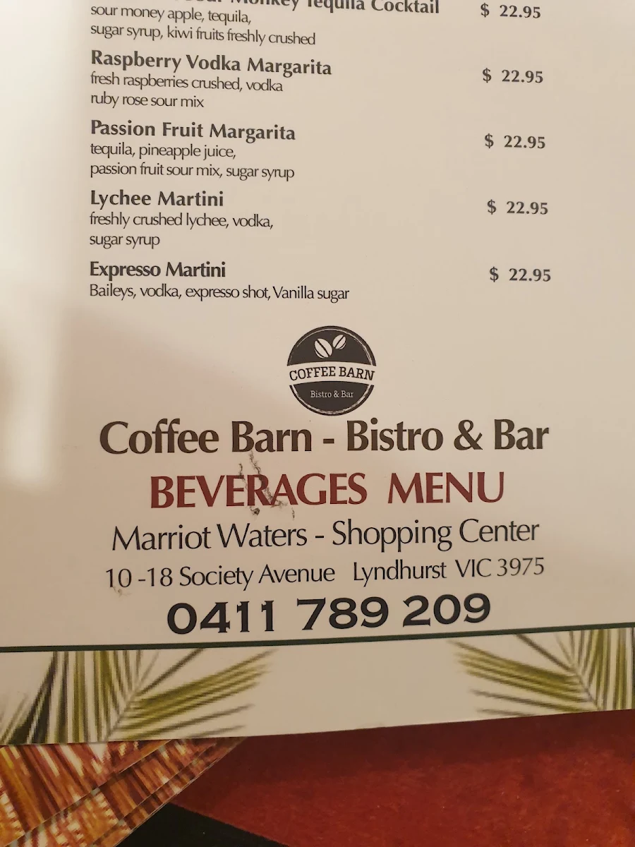 Menu, Coffee Barn Bistro & Bar