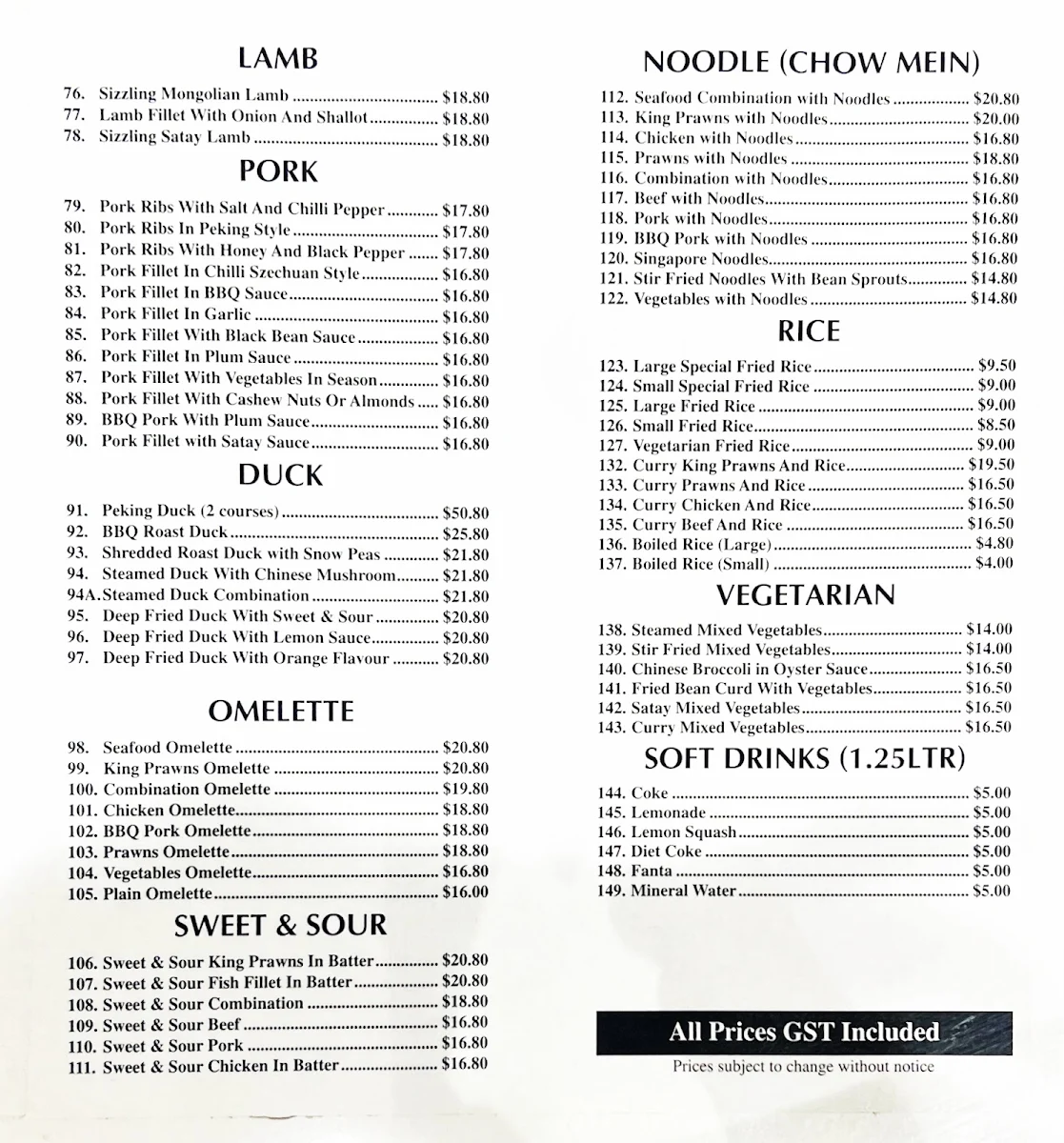 Menu, Golden Rose Restaurant