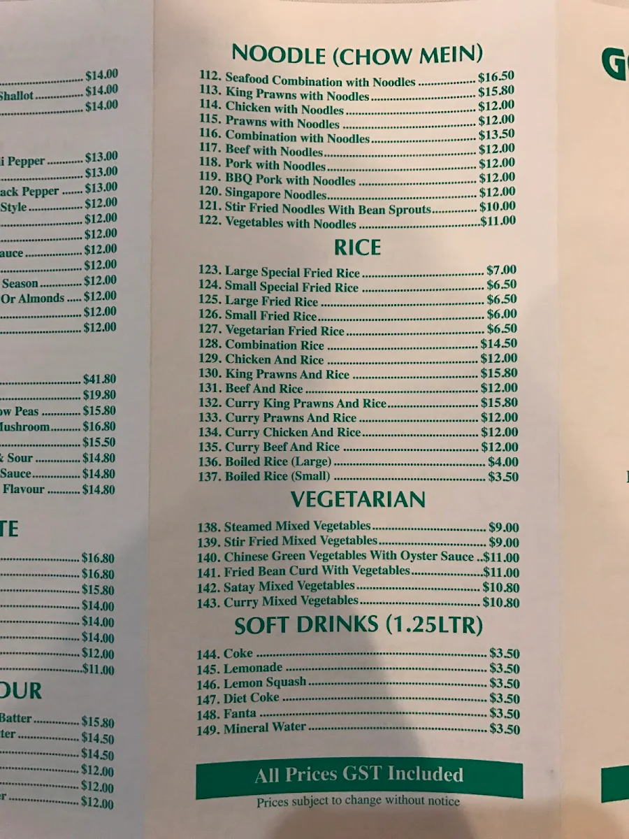 Menu, Golden Rose Restaurant
