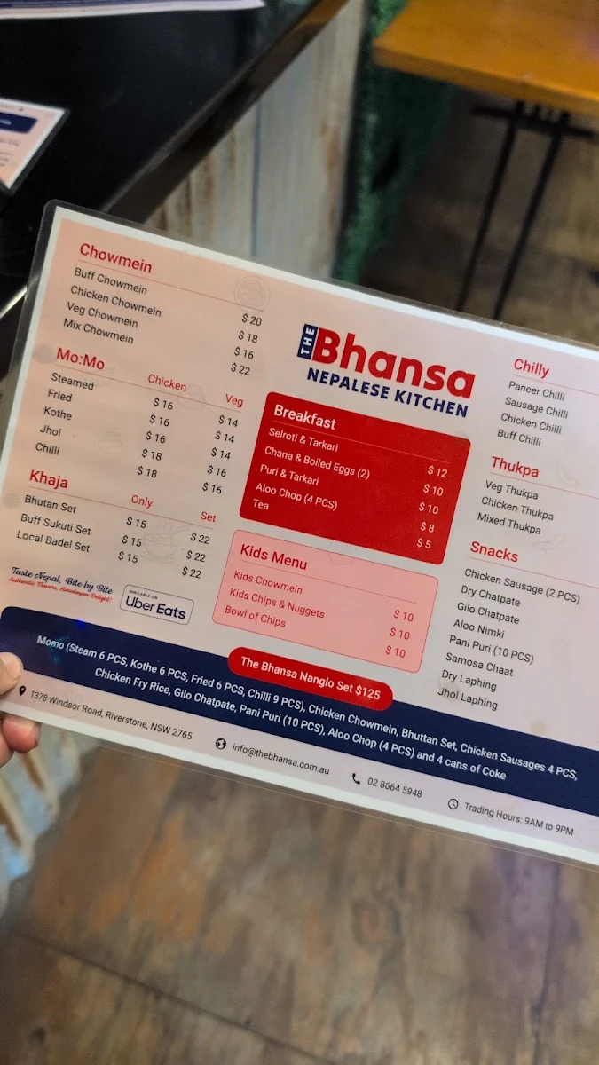 Menu, The Bhansa Nepalese Kitchen