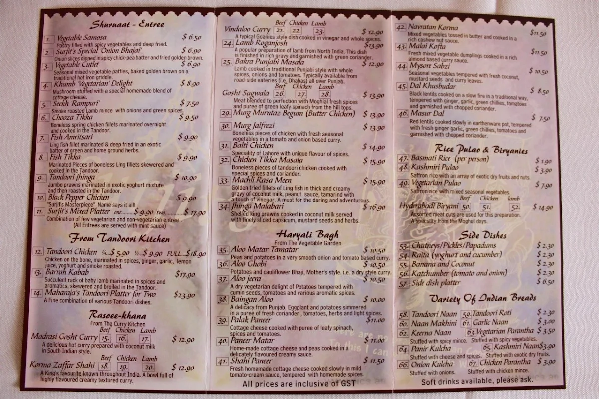 Menu, Surjit's Indian Restaurant & Catering