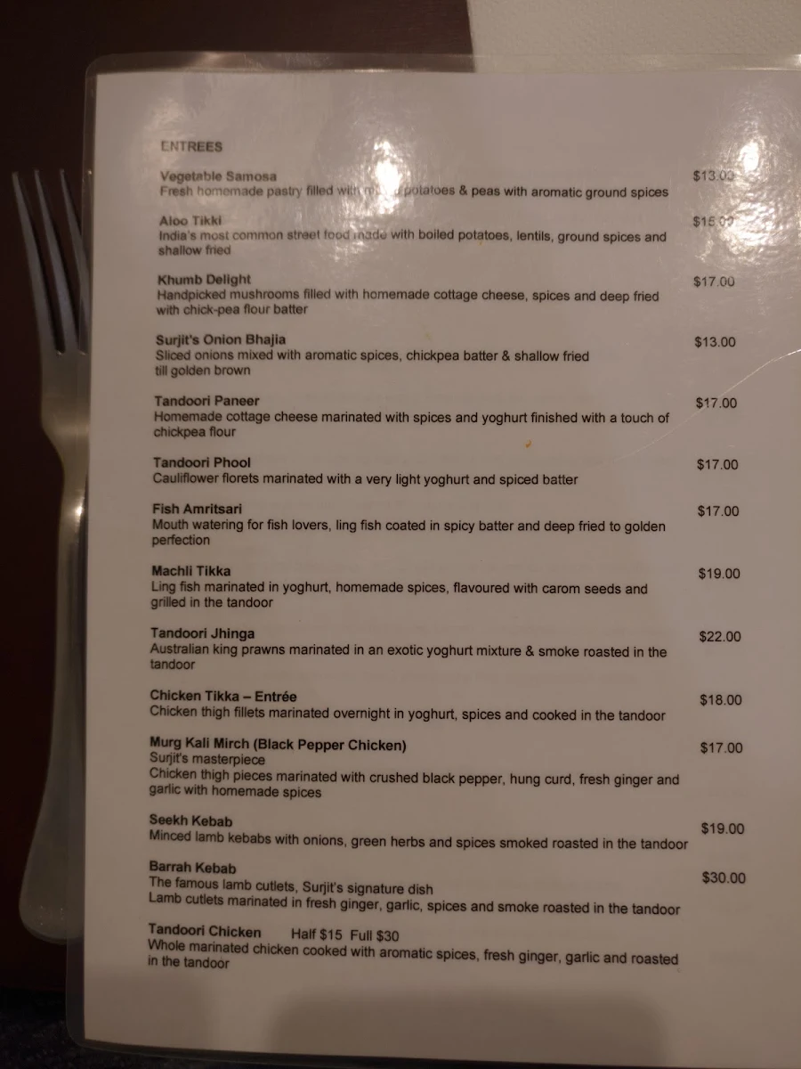 Menu, Surjit's Indian Restaurant & Catering