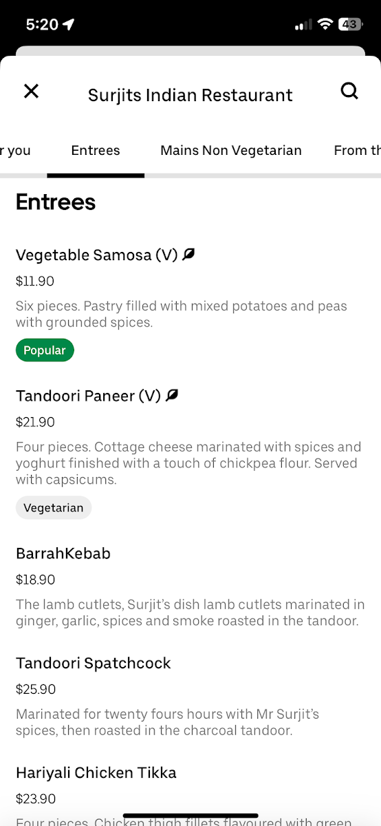 Menu, Surjit's Indian Restaurant & Catering