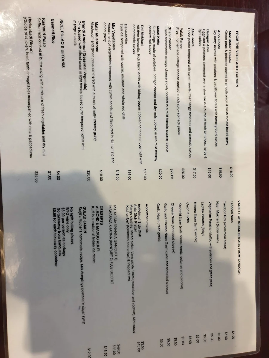 Menu, Surjit's Indian Restaurant & Catering