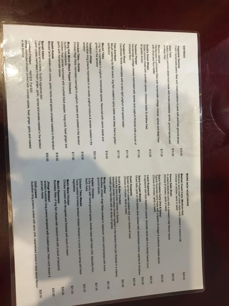 Menu, Surjit's Indian Restaurant & Catering