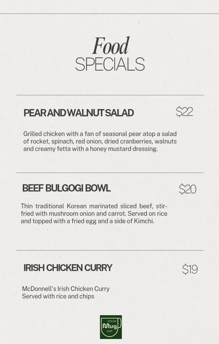 Menu, Green Mug Cafe