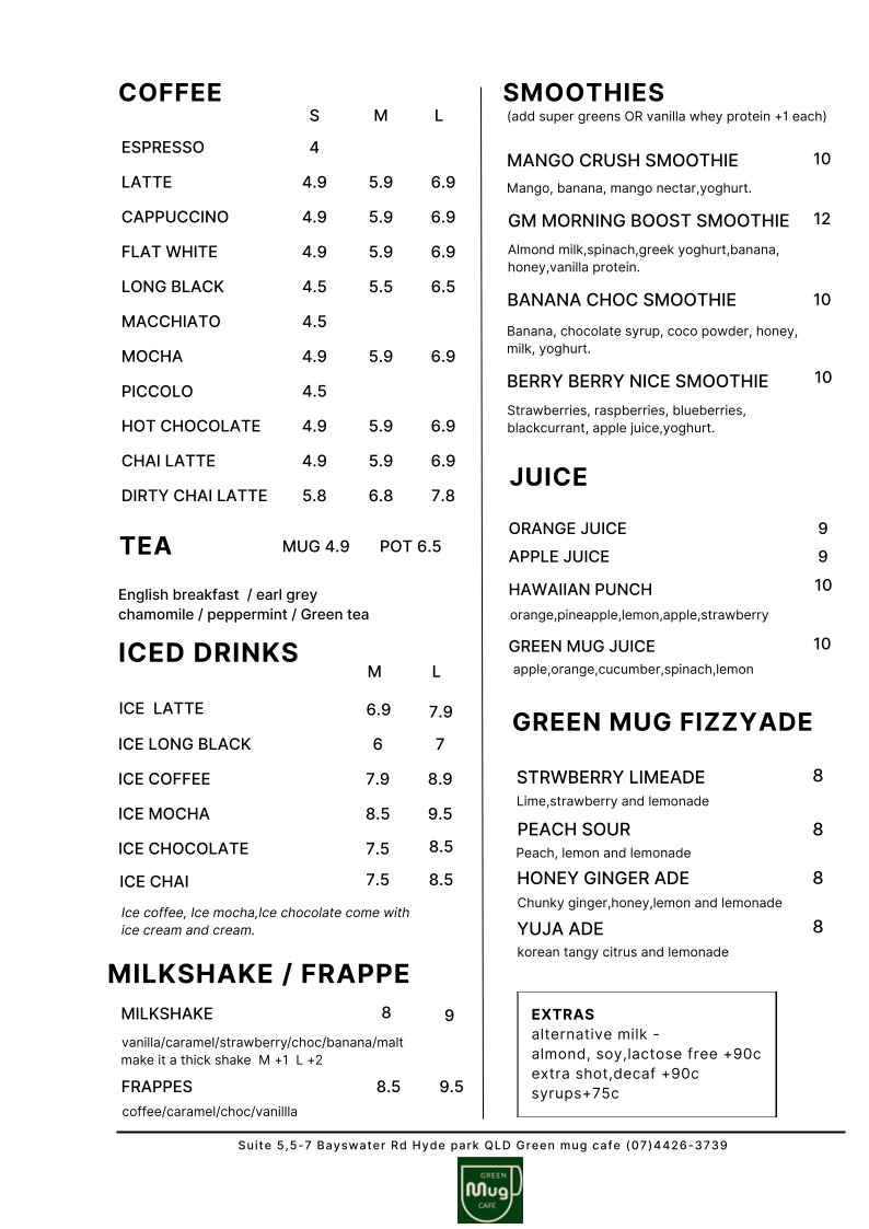 Menu, Green Mug Cafe