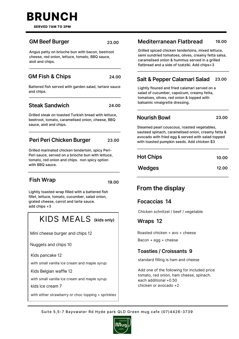 Menu, Green Mug Cafe