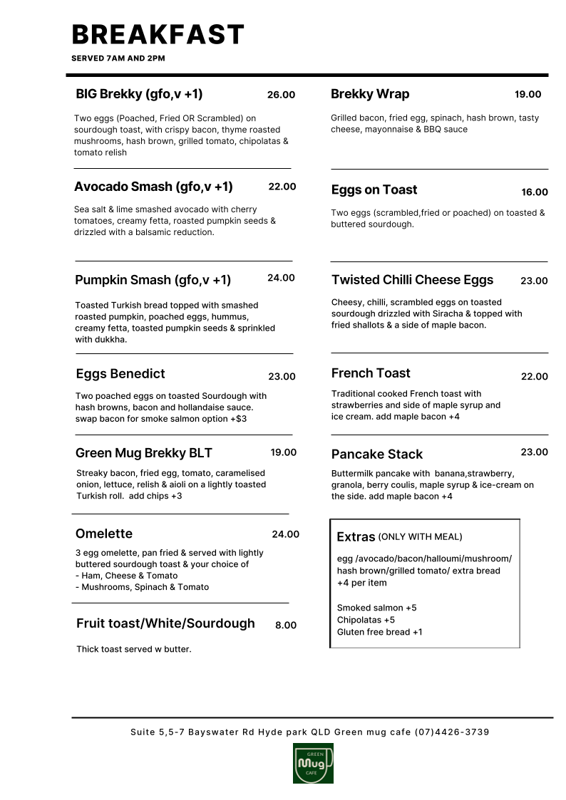 Menu, Green Mug Cafe