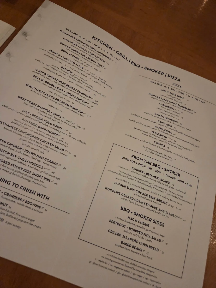 Menu, The Odd Fellow Bar