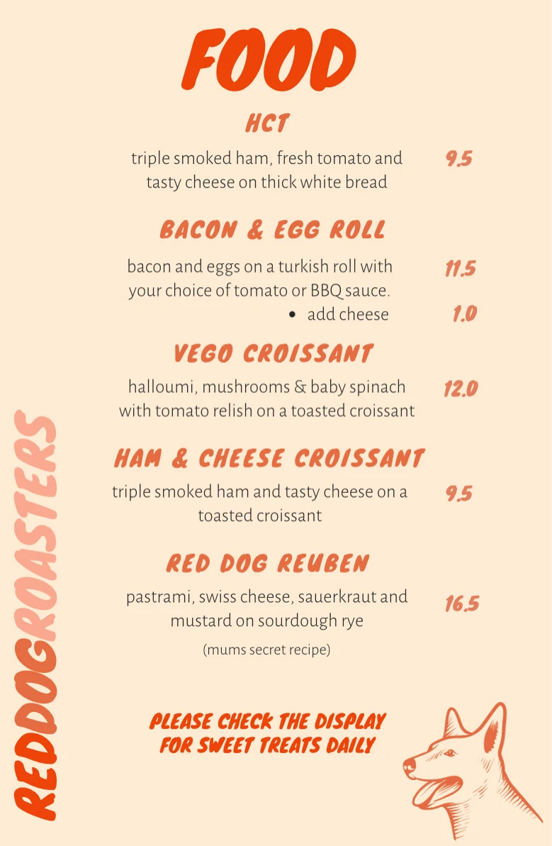 Menu, Red Dog Roasters