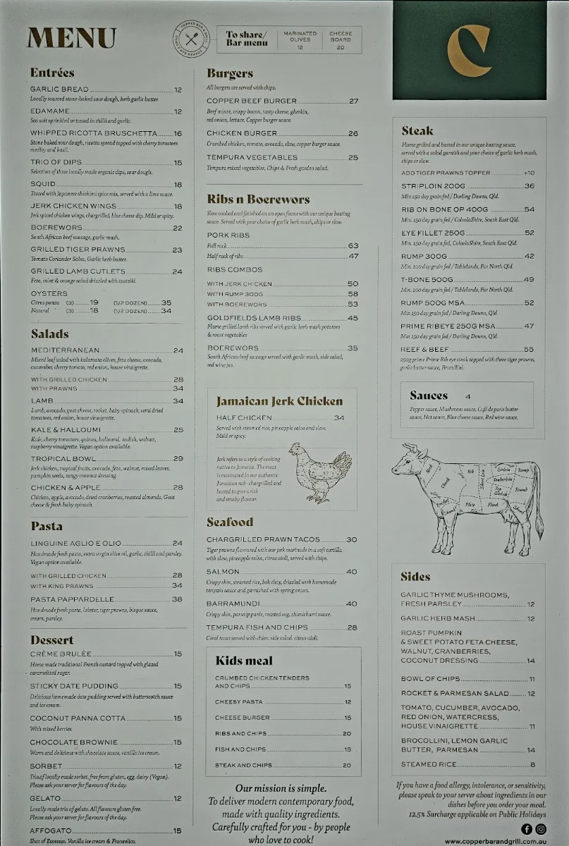Menu, Copper Bar & Grill Townsville