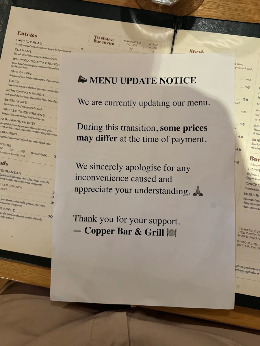Menu, Copper Bar & Grill Townsville