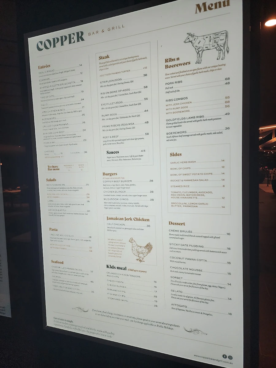 Menu, Copper Bar & Grill Townsville