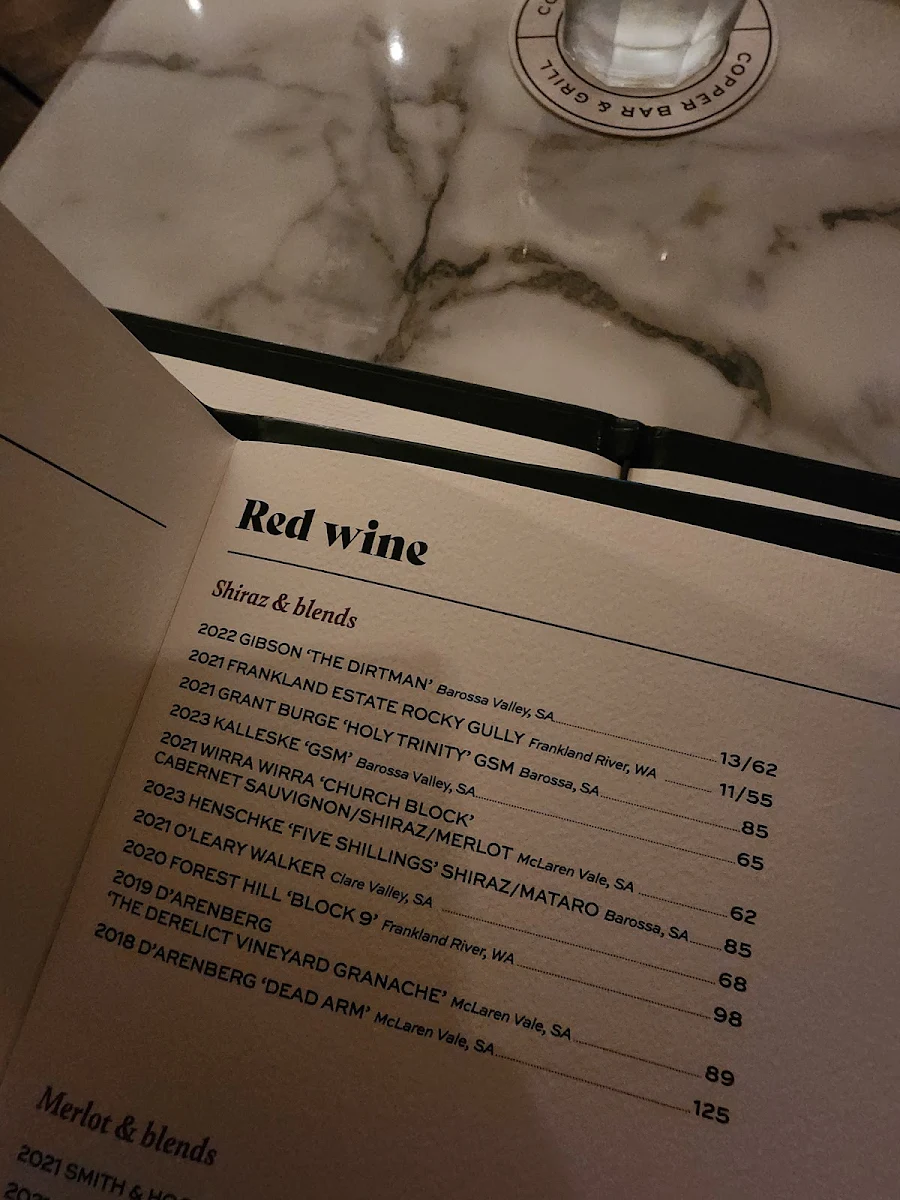 Menu, Copper Bar & Grill Townsville