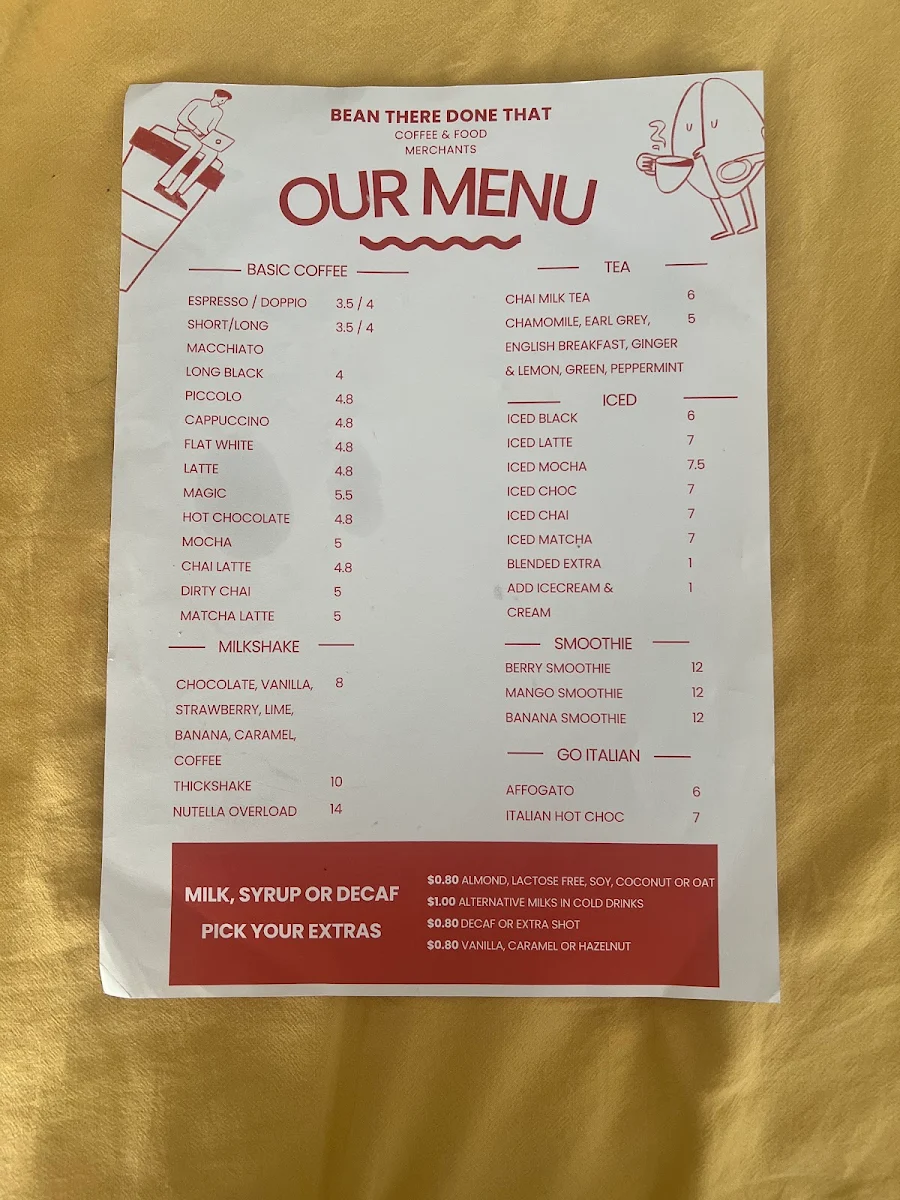 Menu, Bean There Done That Espresso Bar
