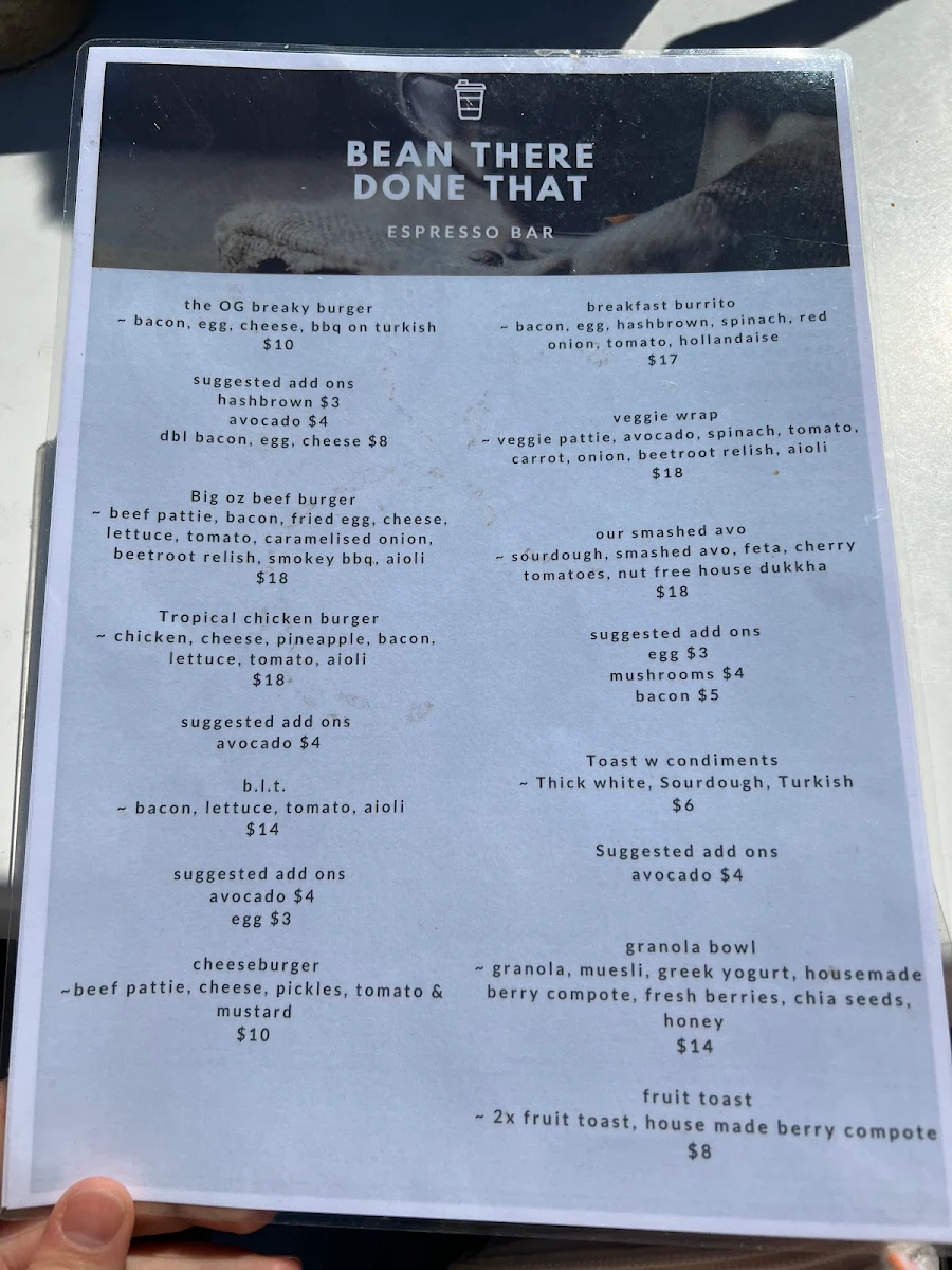 Menu, Bean There Done That Espresso Bar