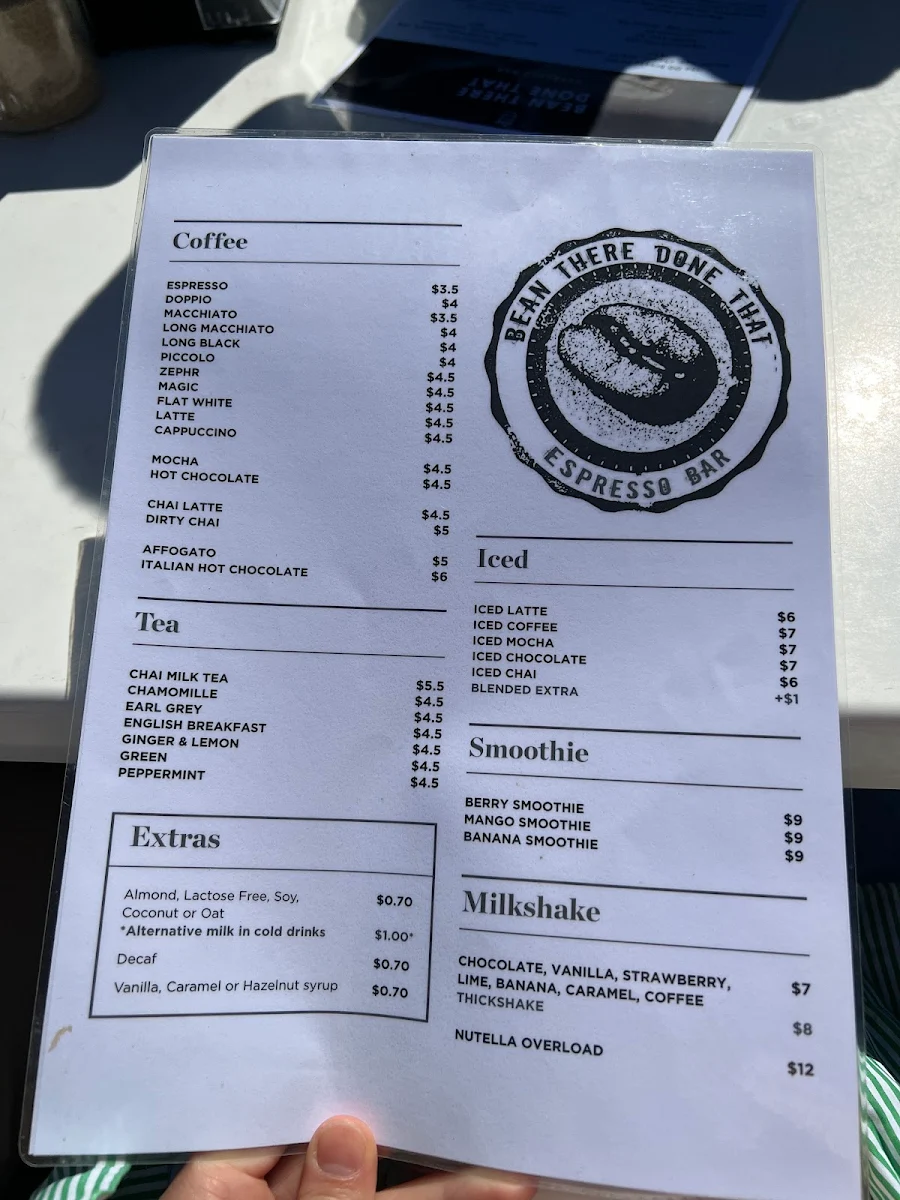 Menu, Bean There Done That Espresso Bar