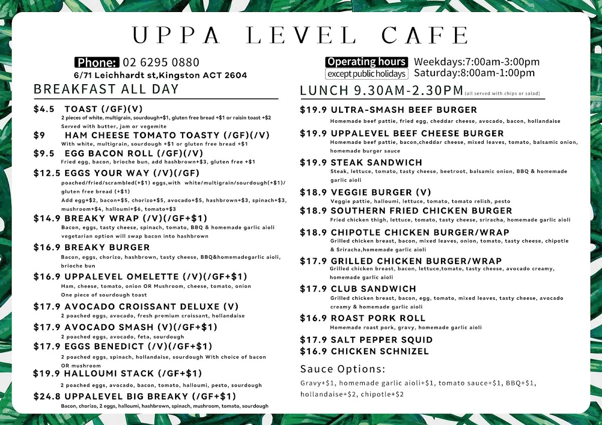 Menu, Uppa Level Cafe