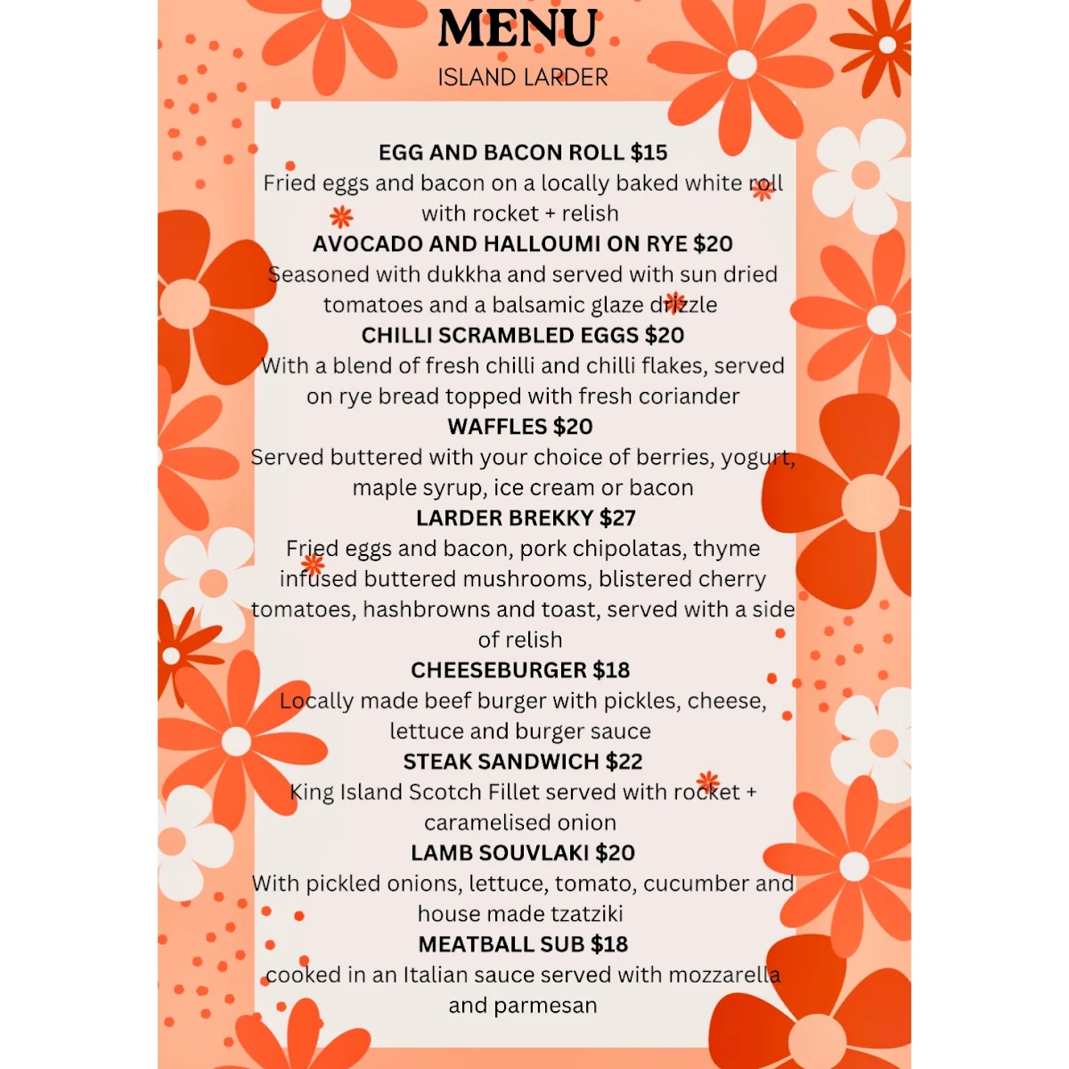 Menu, Island Larder