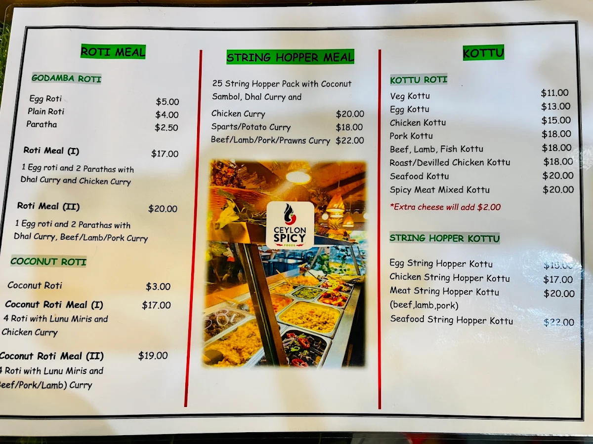 Menu, Ceylon Spicy Foods Craigeburn