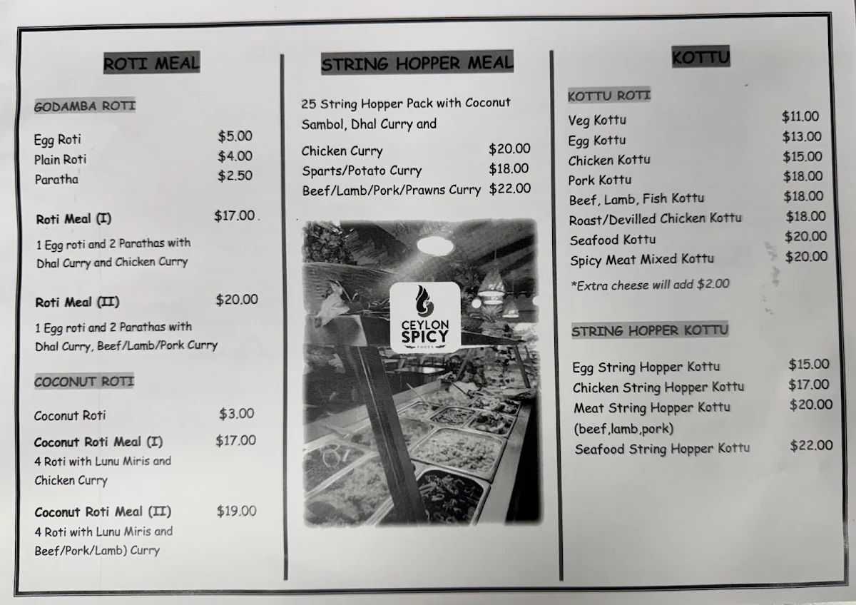 Menu, Ceylon Spicy Foods Craigeburn