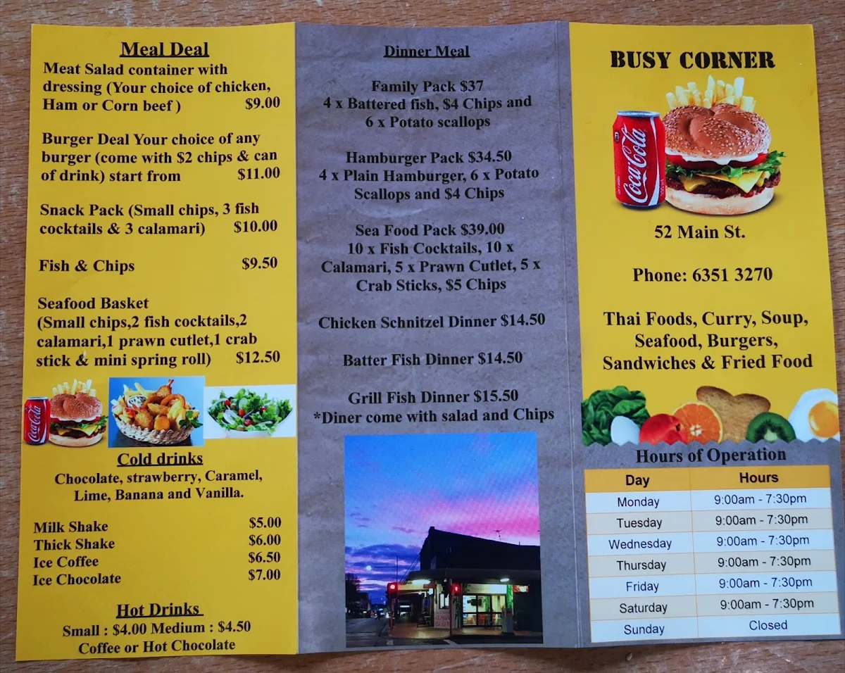 Menu, Busy Corner Takeaway
