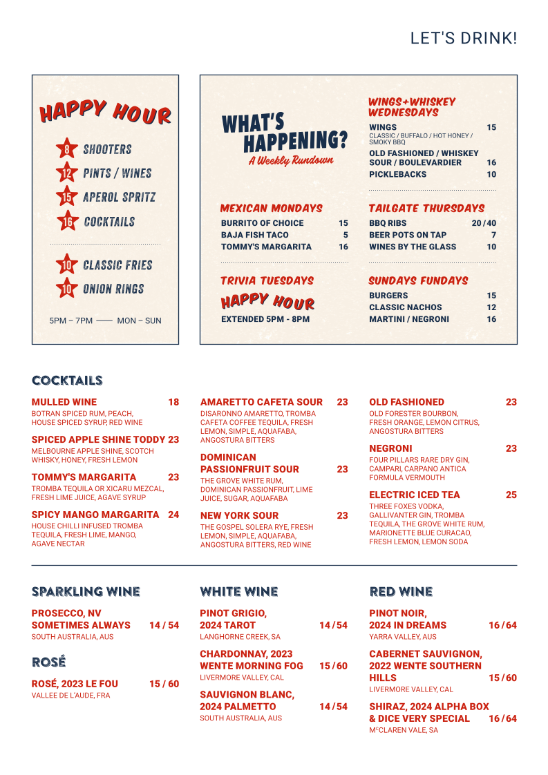 Menu, The Silverlake Social - Prahran