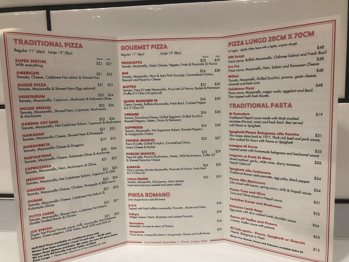 Menu, Queen Margherita Pizza Malvern Pizza
