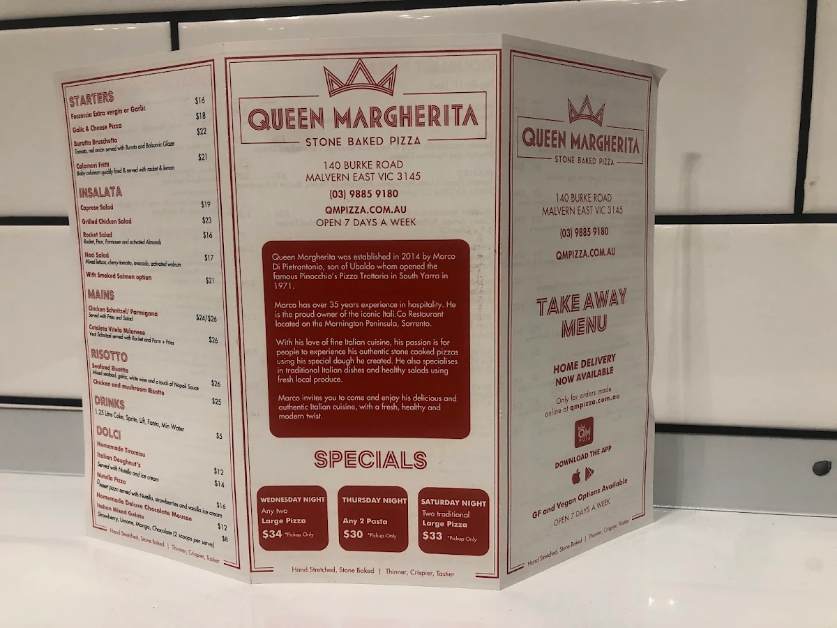 Menu, Queen Margherita Pizza Malvern Pizza
