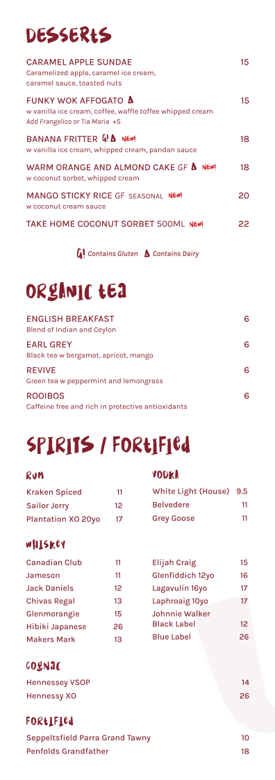 Menu, Funky Wok