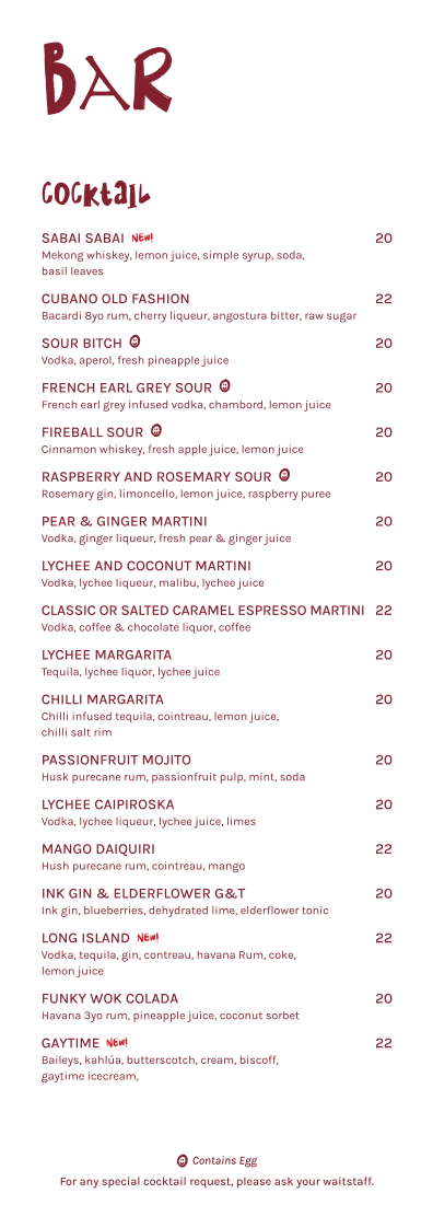 Menu, Funky Wok