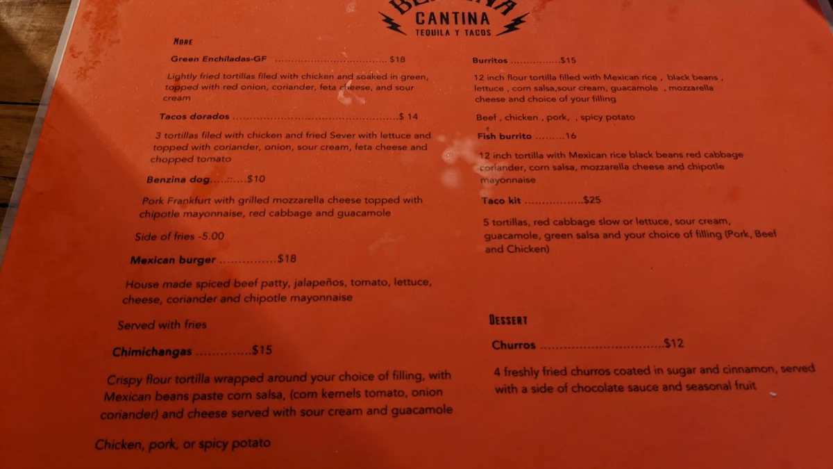 Menu, Benzina Cantina