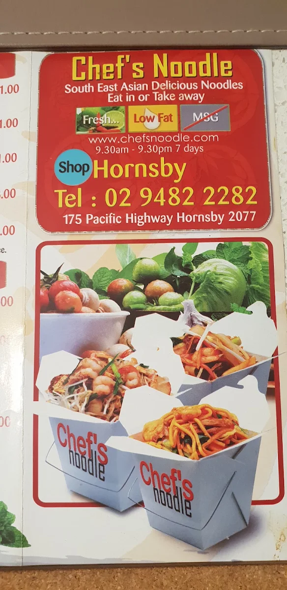 Menu, Chef's Noodle Hornsby