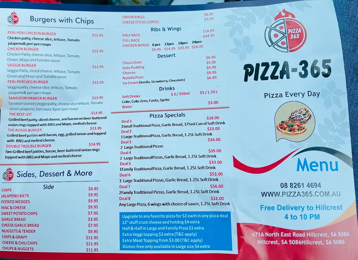 Menu, Pizza 365