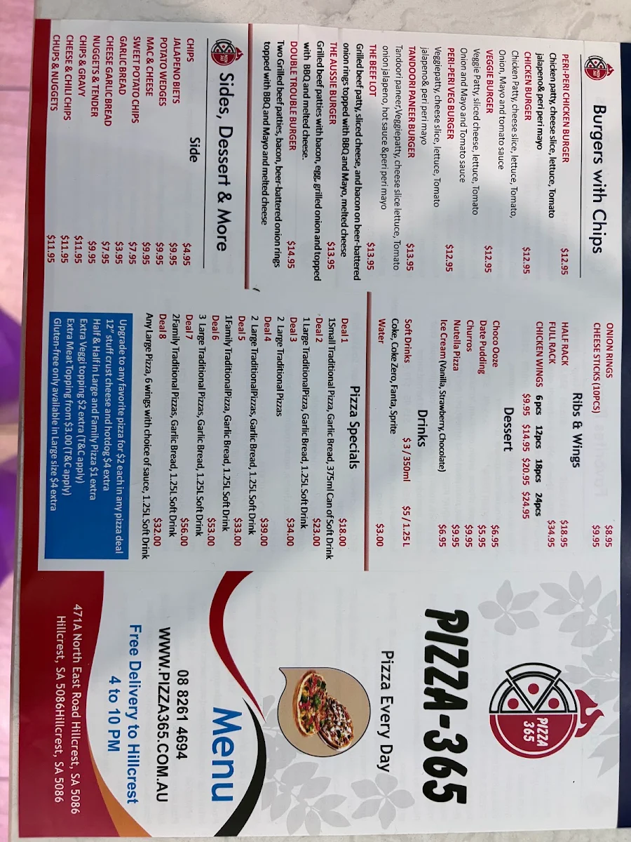 Menu, Pizza 365