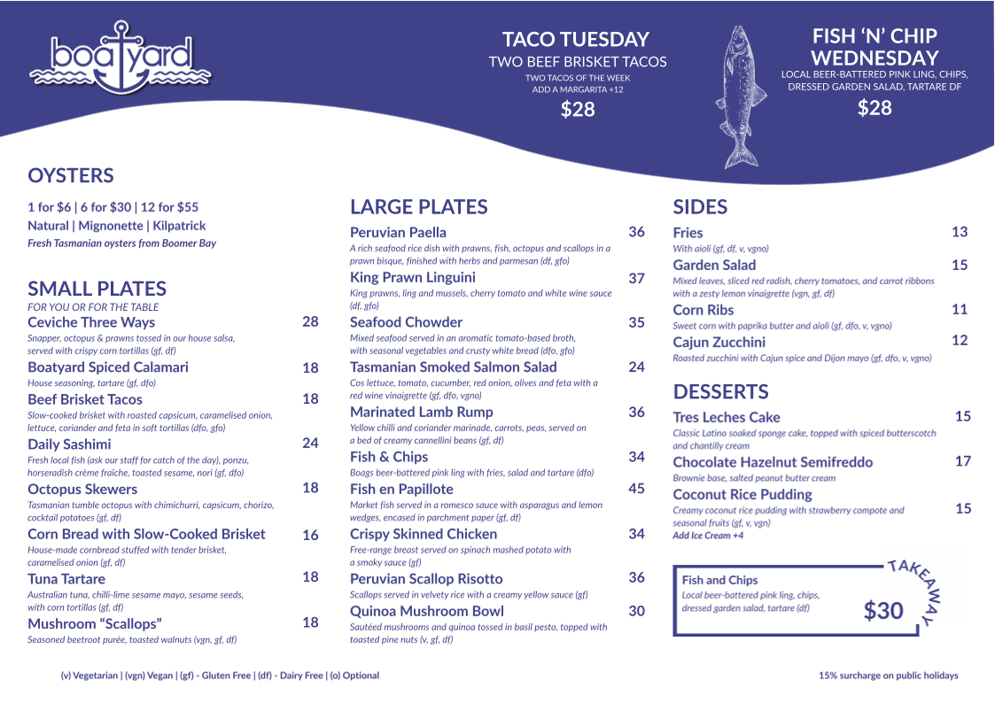 Menu, Boatyard Launceston
