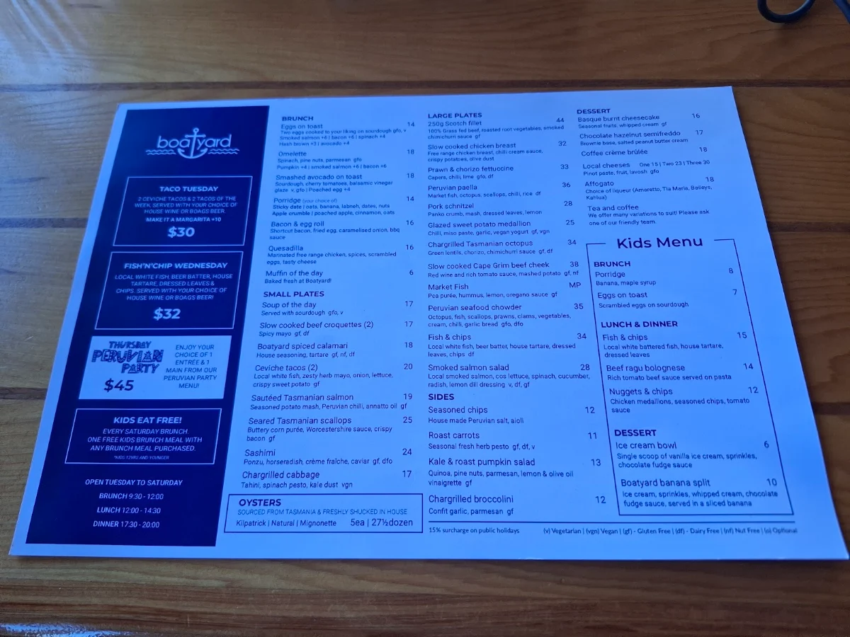 Menu, Boatyard Launceston
