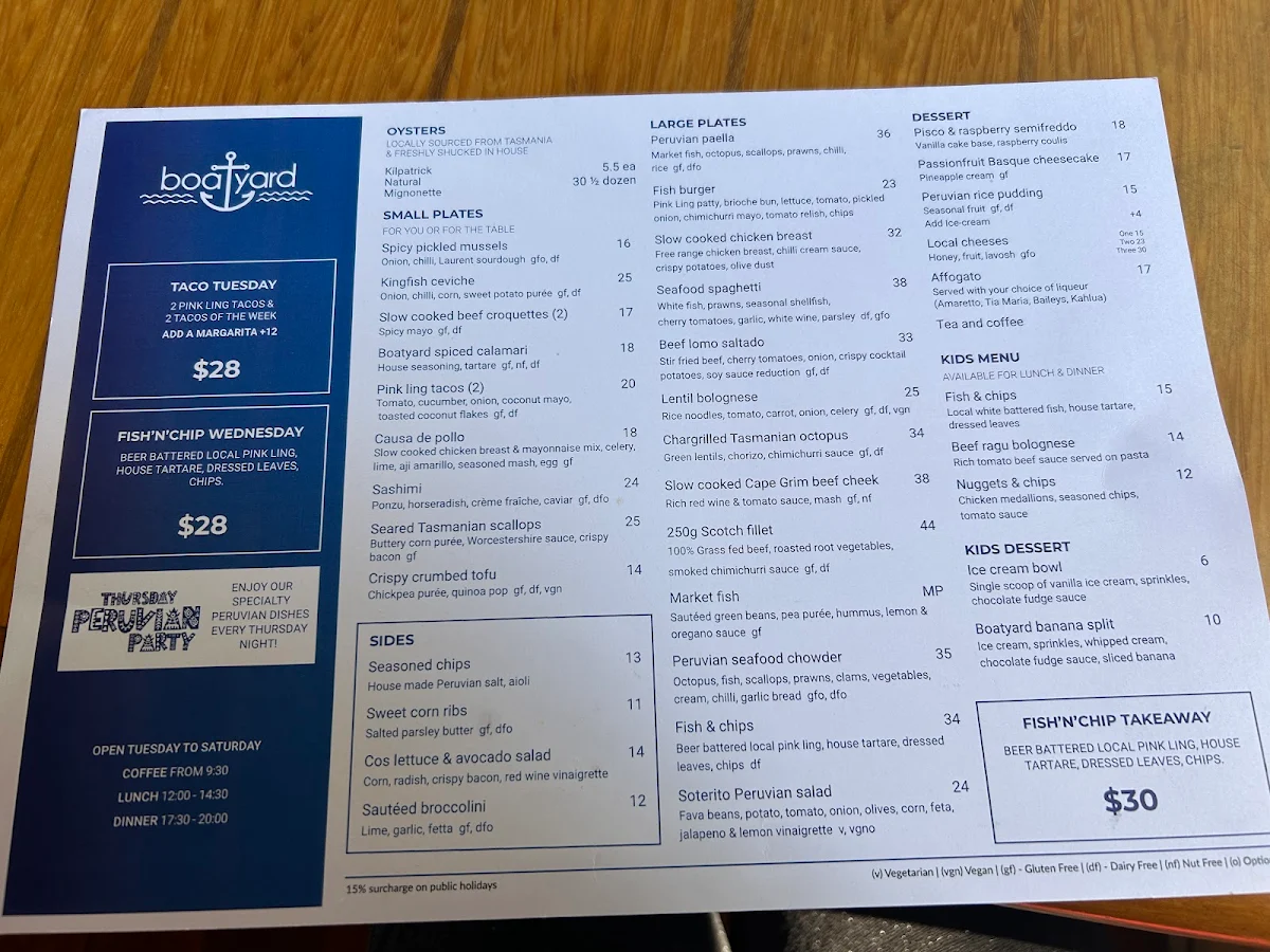 Menu, Boatyard Launceston