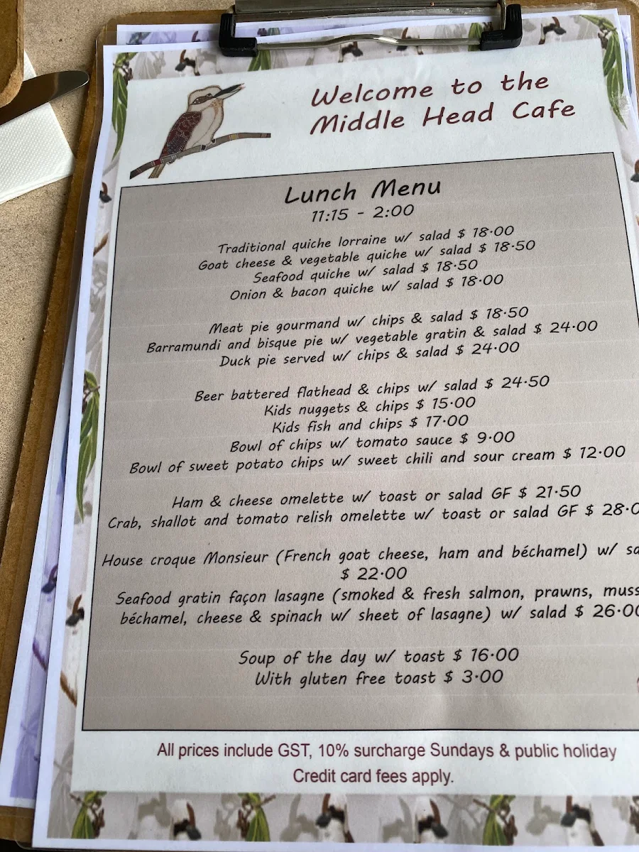 Menu, Middle Head Cafe