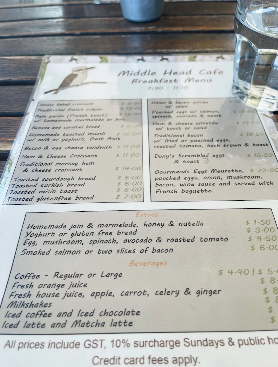 Menu, Middle Head Cafe
