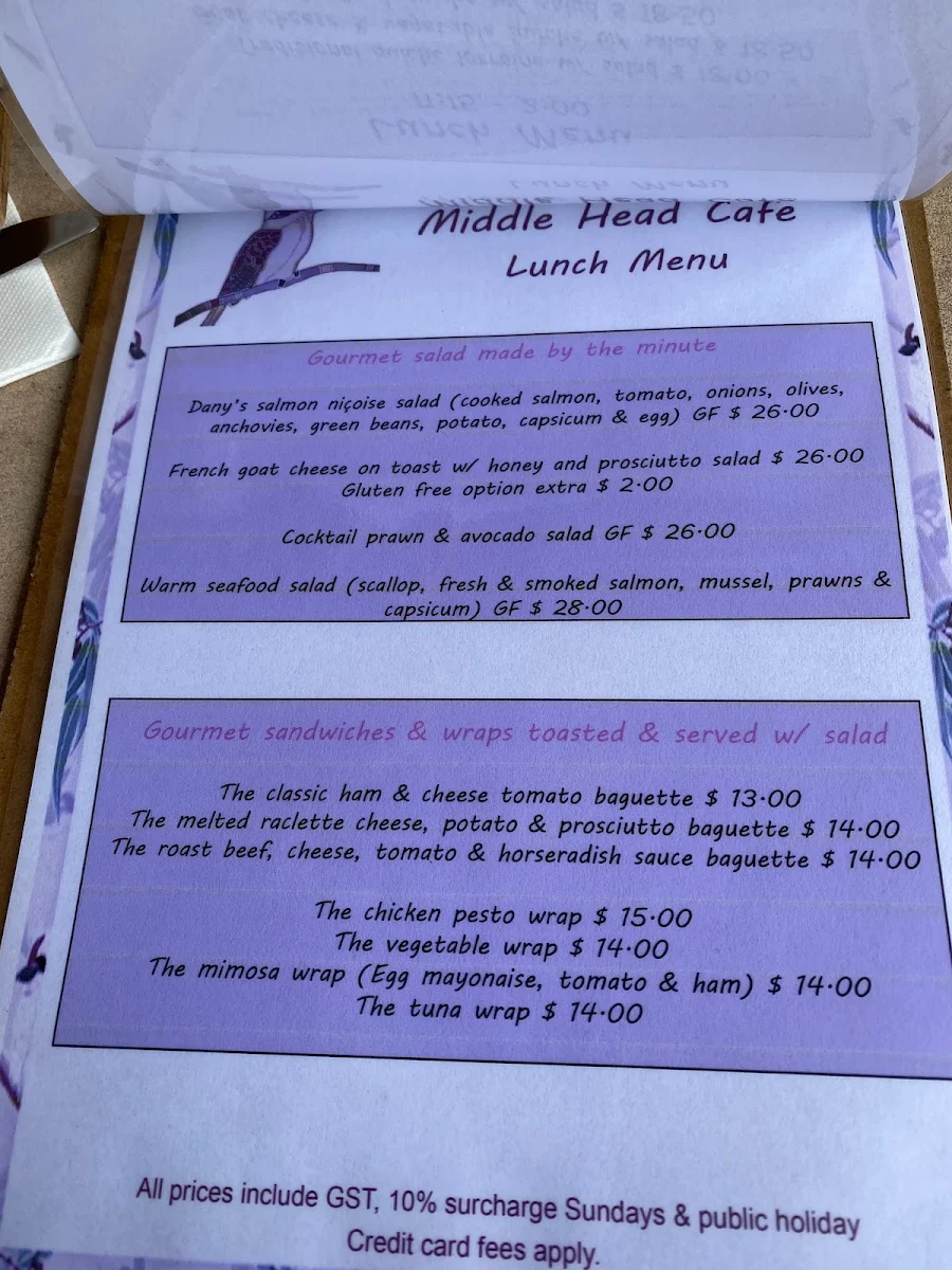 Menu, Middle Head Cafe