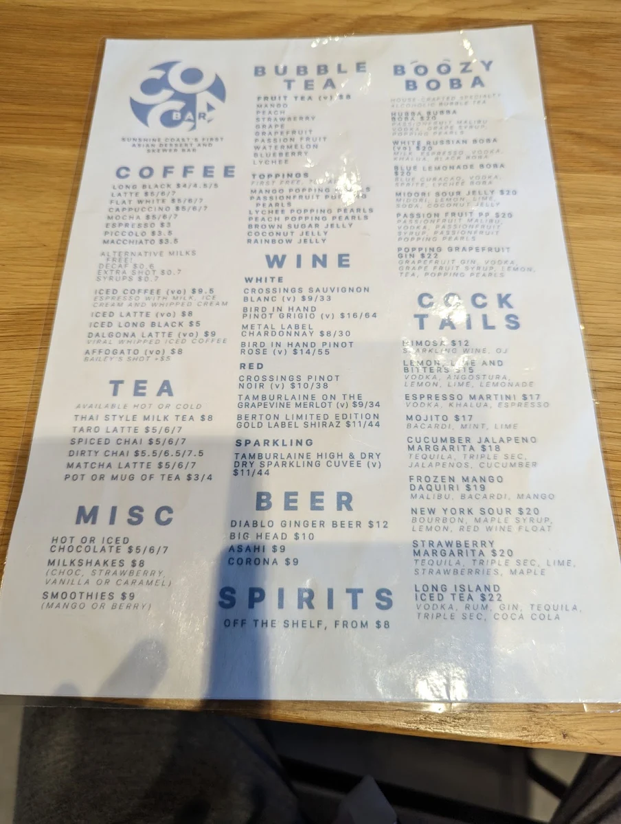 Menu, Coca Bar | Cafe