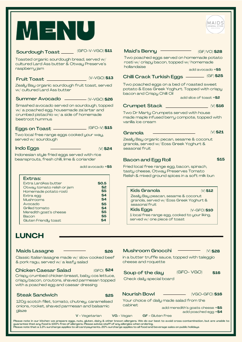 Menu, Maids General Store Anglesea