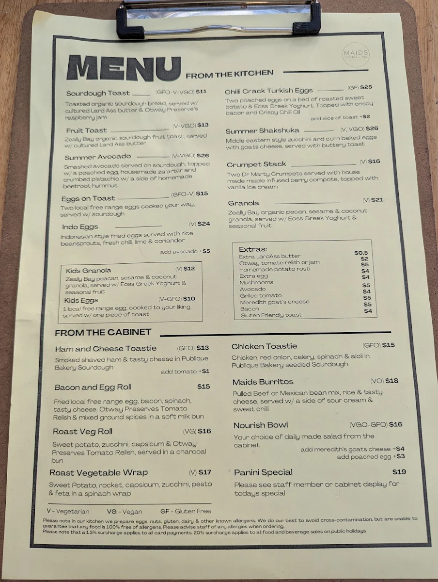 Menu, Maids General Store Anglesea