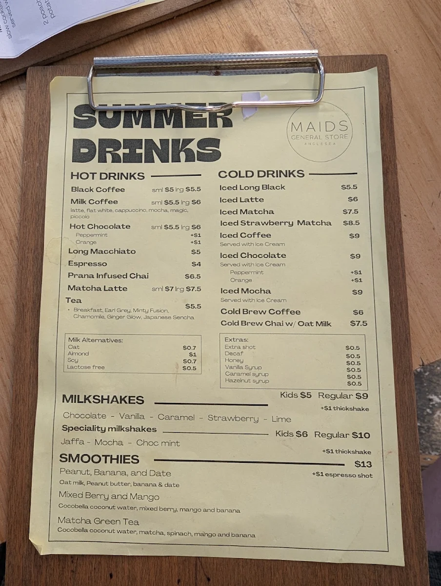 Menu, Maids General Store Anglesea