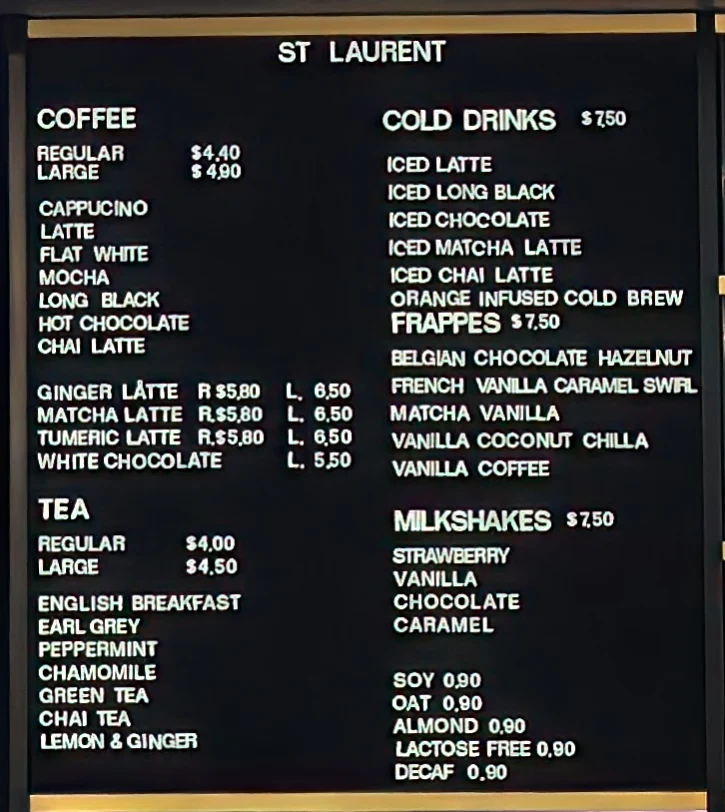 Menu, St Laurent Coffee Macquarie University