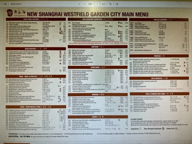 Menu, New Shanghai Westfield Mt Gravatt